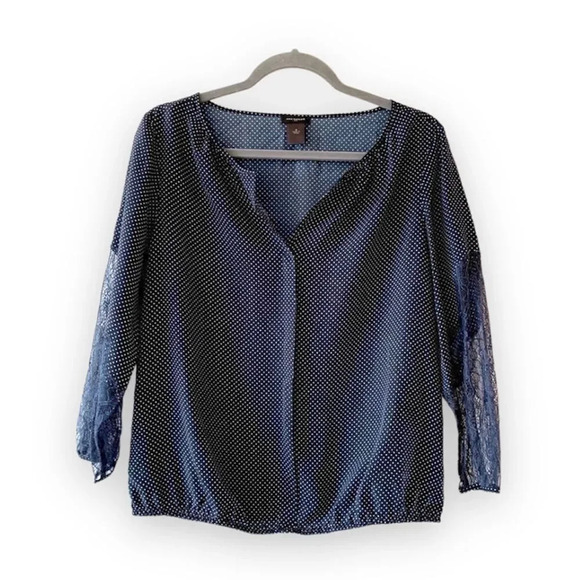 Ann Taylor Navy Microdot Popover Tunic Lace Woman’s Size Small Spring Top Preppy - Picture 1 of 10